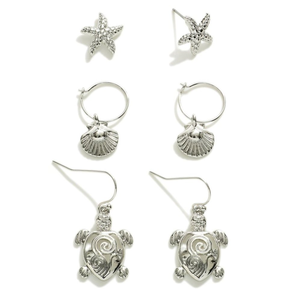 Three Piece Beach Theme Earring Set Featuring Stud and Drop Earrings Silver